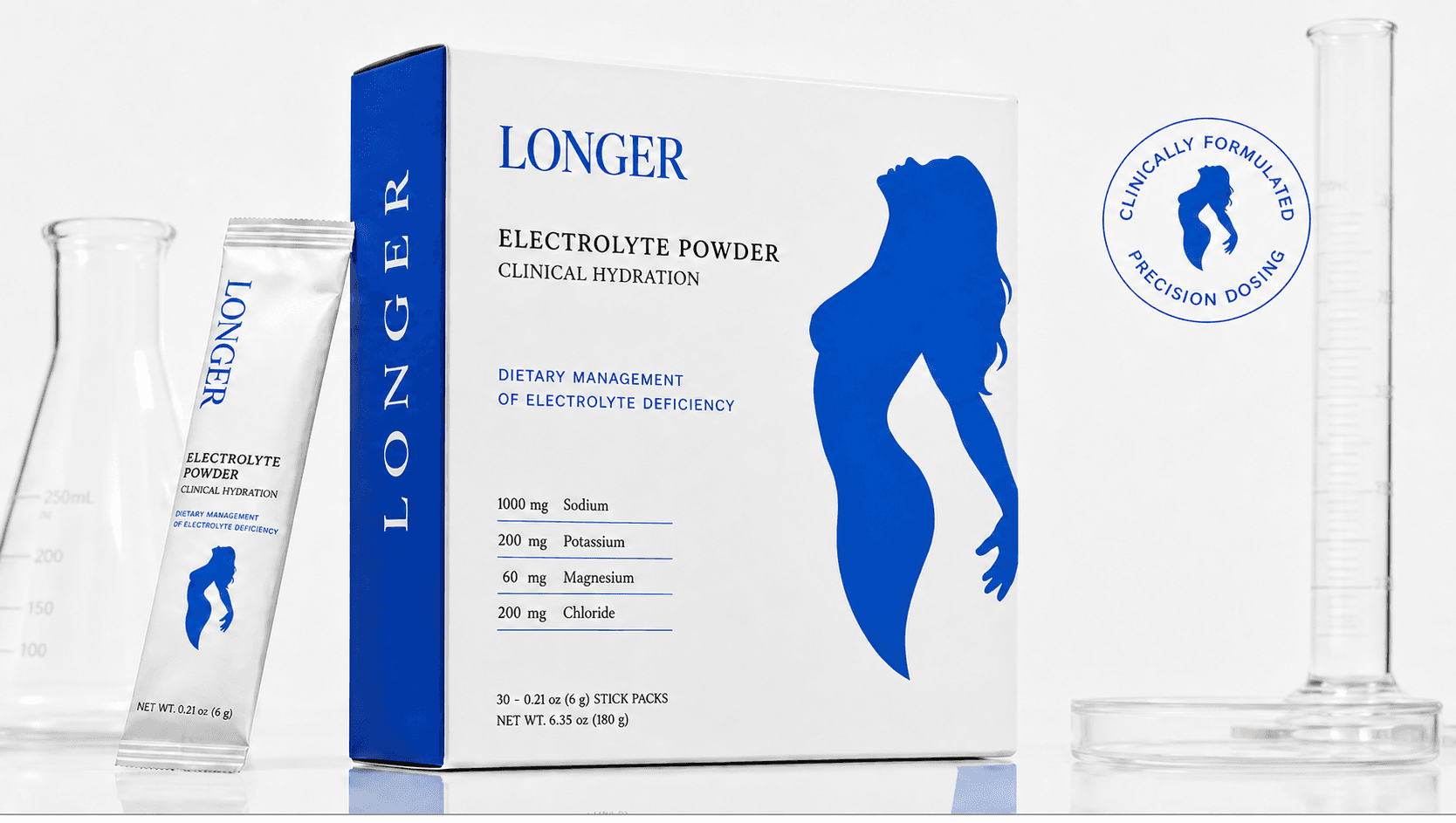 Longer Blue Pill box and stick pack on a clinical laboratory stage